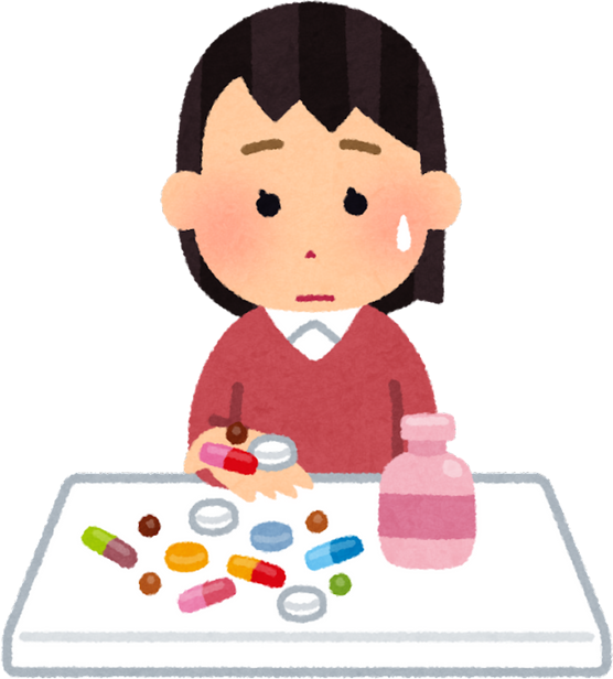 Illustration of a Concerned Woman with a Handful of Medications